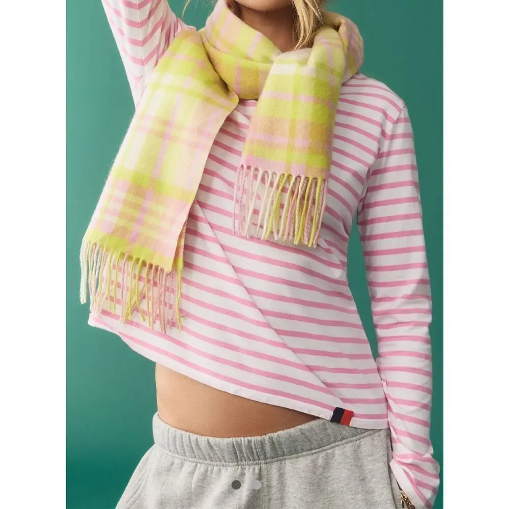 Anthropologie Maeve Pink Yellow Plaid Wool Scarf, New with Tags